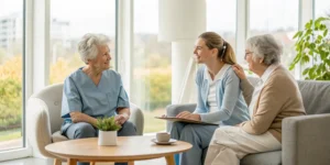 Caregiver and senior woman discussing how to choose a dementia care home.