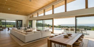 Large group accommodation in a private estate with a spacious, modern living room.