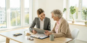Senior woman and financial advisor planning how to pay for memory care.