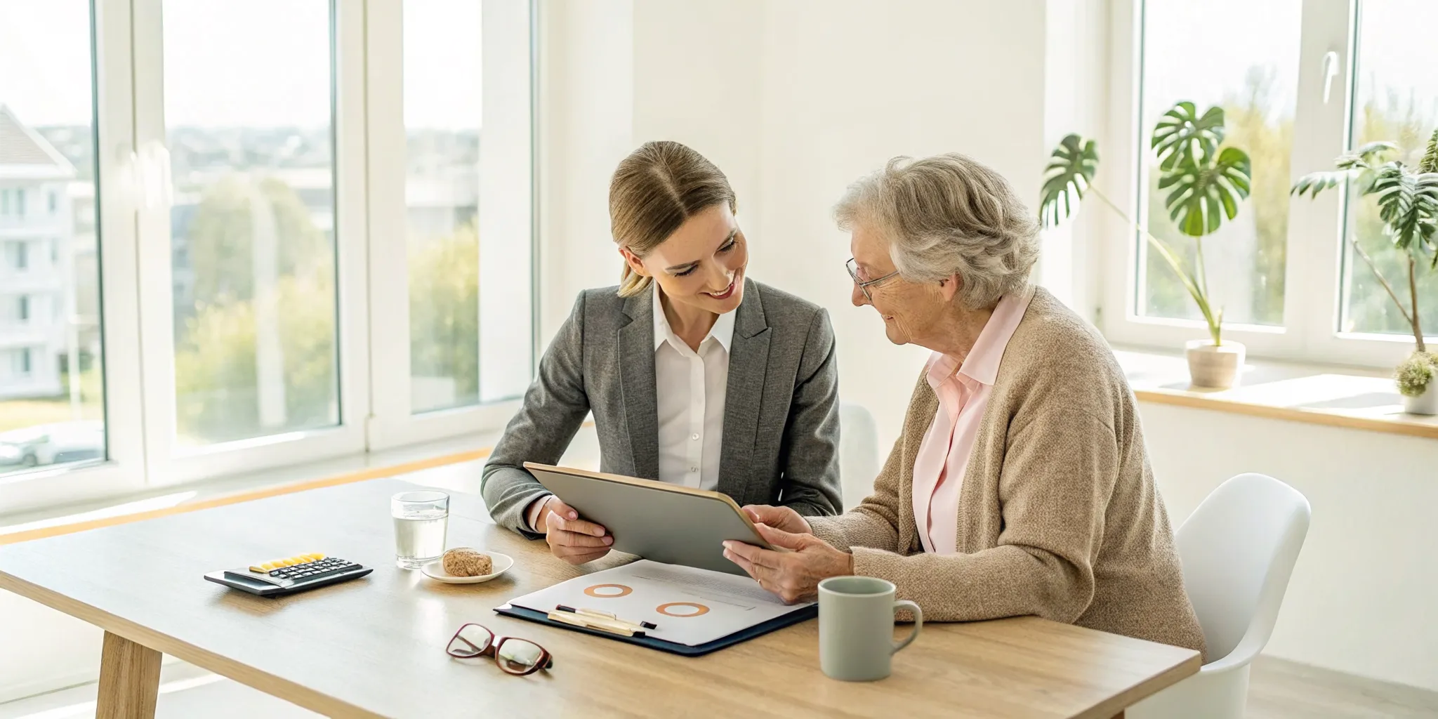 Senior woman and financial advisor planning how to pay for memory care.