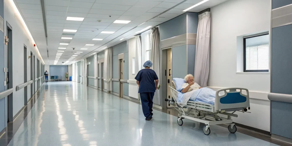 Nurse caring for a patient in a long-term care facility, a key difference from assisted living.