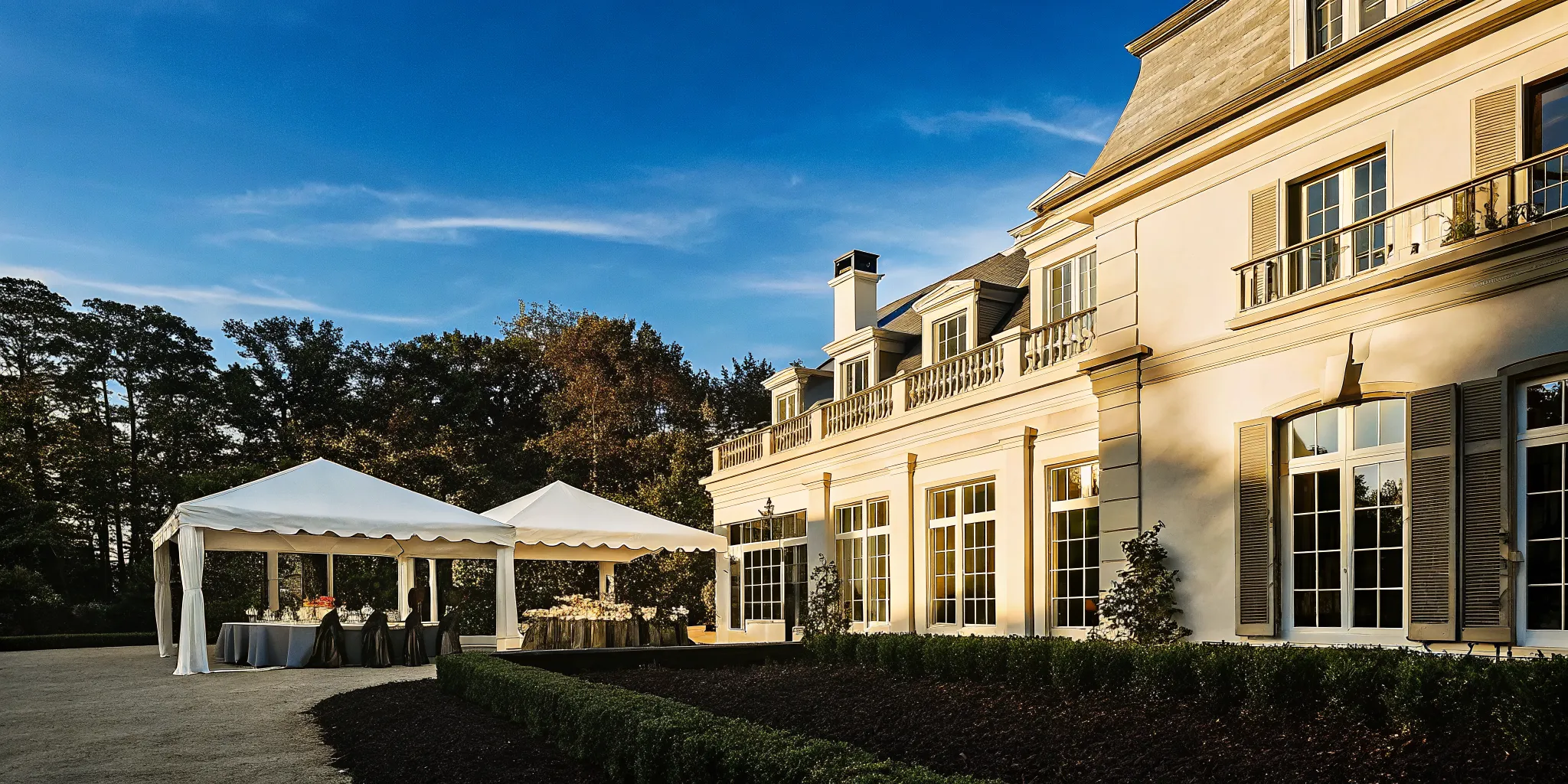 French-inspired private estate in Massachusetts at golden hour
