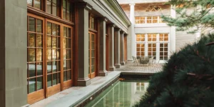 French Chateau-inspired luxury private estate exterior in autumn surrounded by New England foliage