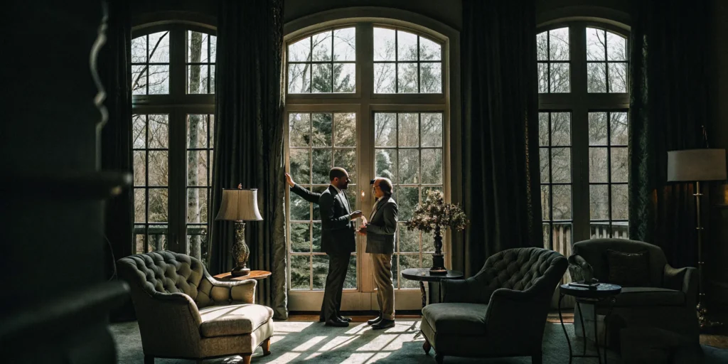 Executive leadership team gathered in the grand living room of a private estate near Boston