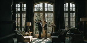 Executive leadership team gathered in the grand living room of a private estate near Boston