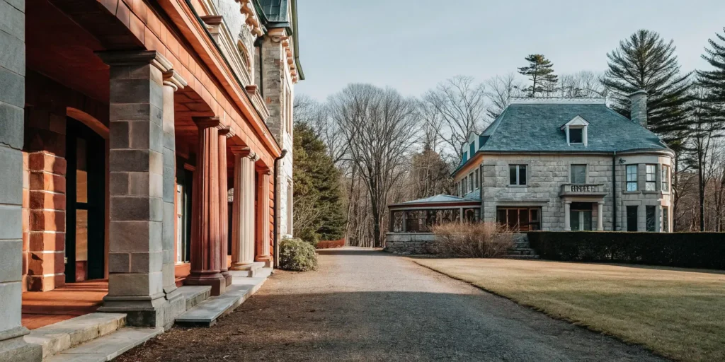 A majestic view of The Charles Chateau, a French Chateau-inspired private corporate offsite venue near Boston set on 11 acres of manicured grounds.