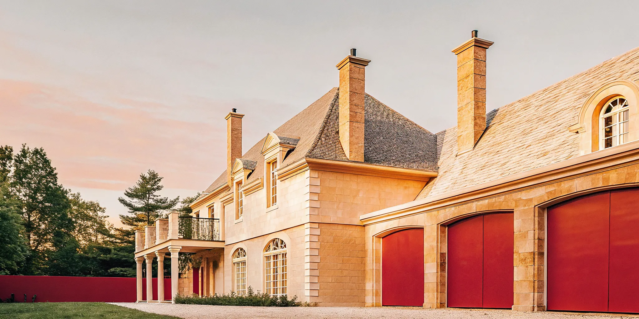 Exterior of The Charles Chateau, a French Chateau-inspired private estate in Dedham, Massachusetts at golden hour