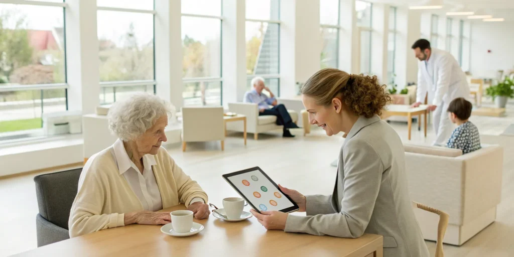 Caregiver helping a senior woman choose an assisted living facility for dementia.