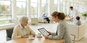 Caregiver helping a senior woman choose an assisted living facility for dementia.
