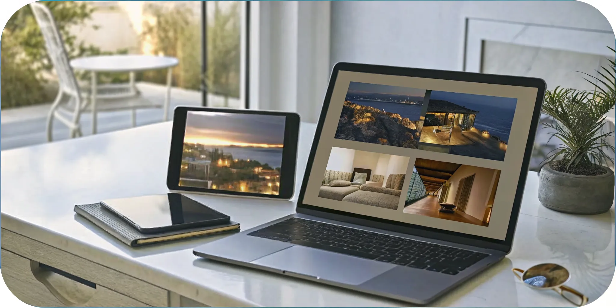 A person on a laptop searching for luxury vacation rentals with private pools and modern interiors.