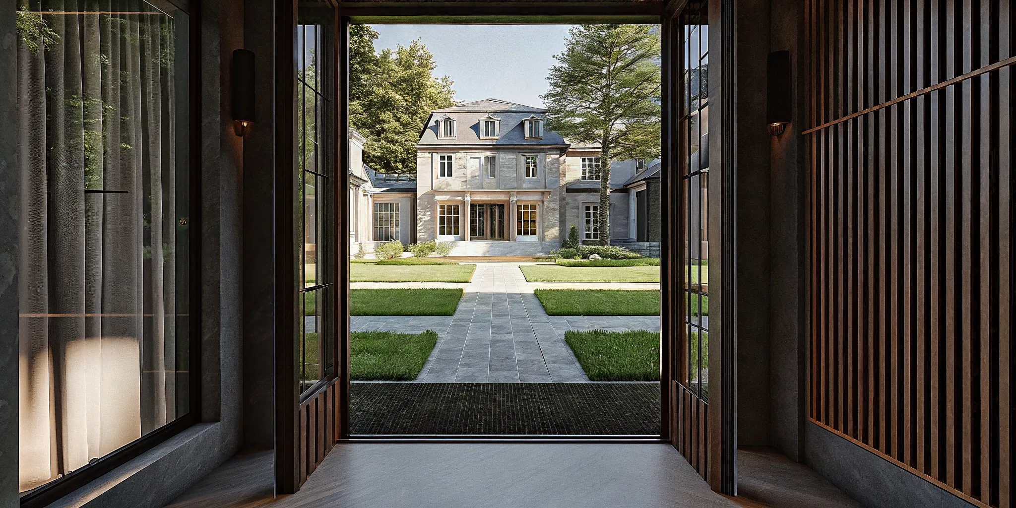 French Chateau-inspired private estate exterior on manicured grounds, Dedham Massachusetts corporate retreat venue