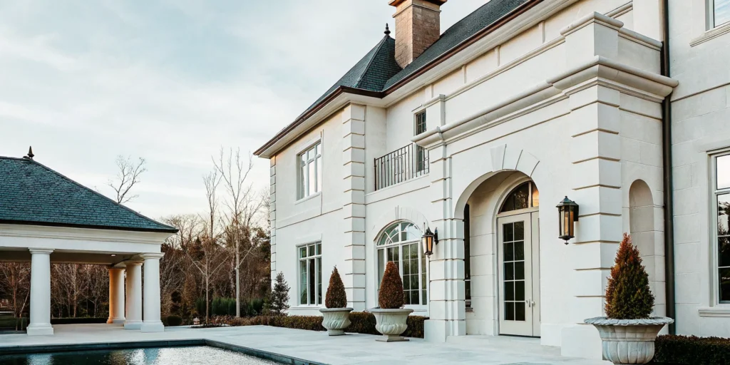 French Chateau-inspired luxury private estate at dusk