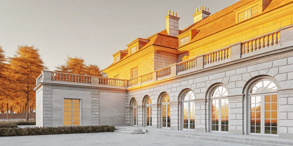 French Chateau-style private estate exterior in Dedham Massachusetts