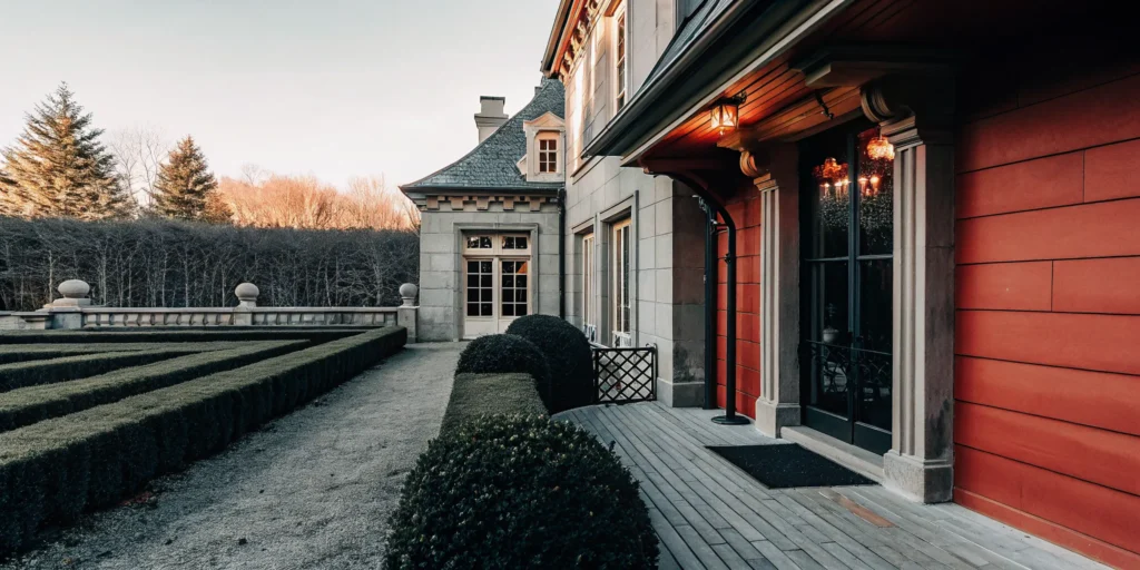 Luxurious French chateau-inspired private estate exterior in Massachusetts with manicured gardens at golden hour