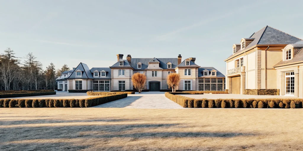 Exterior of The Charles Chateau French-inspired private estate in Dedham, Massachusetts