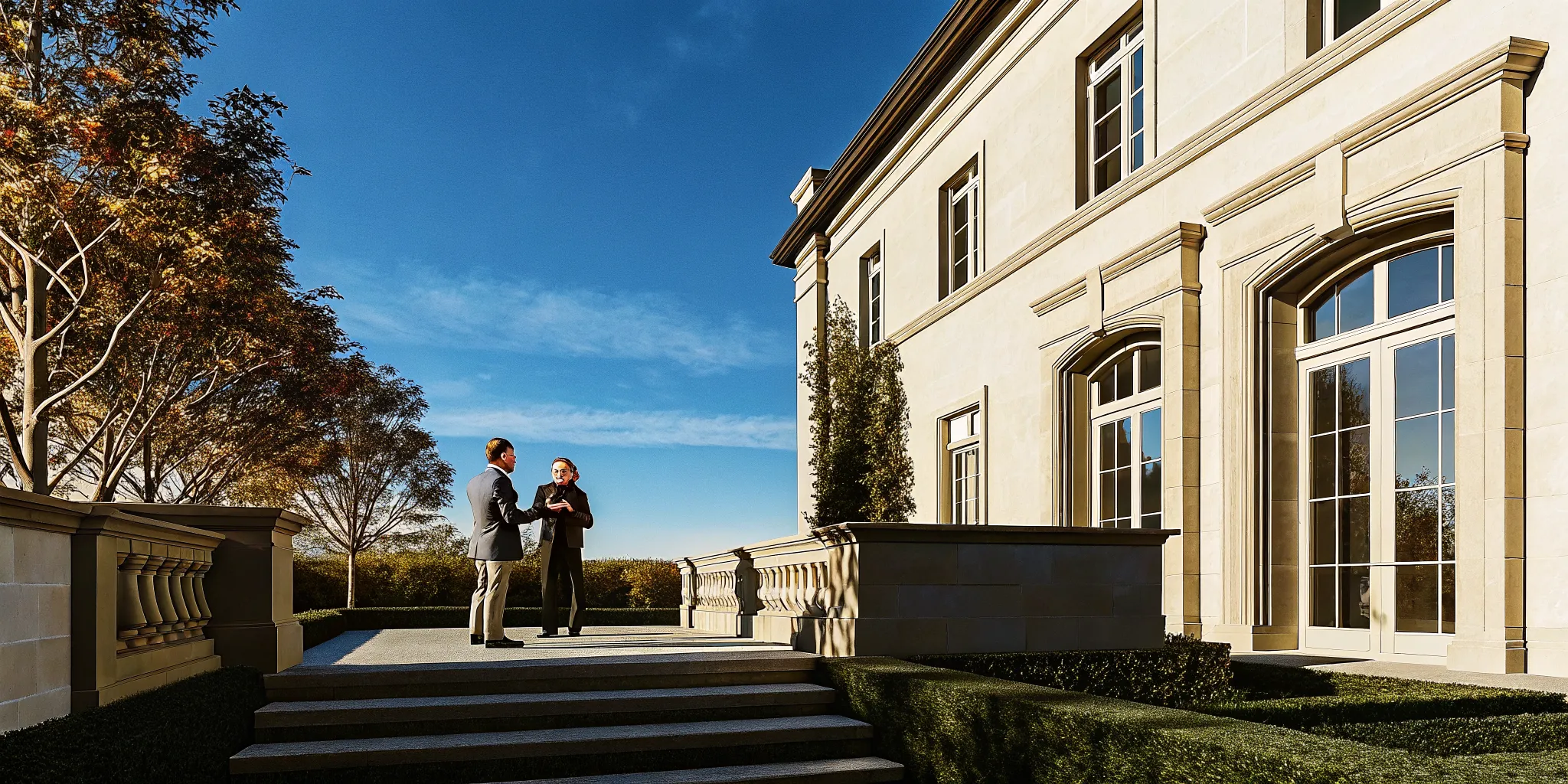French Chateau-inspired private estate exterior with autumn foliage near Boston
