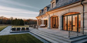 French Chateau-inspired private estate exterior at golden hour with manicured lawns and outdoor terrace