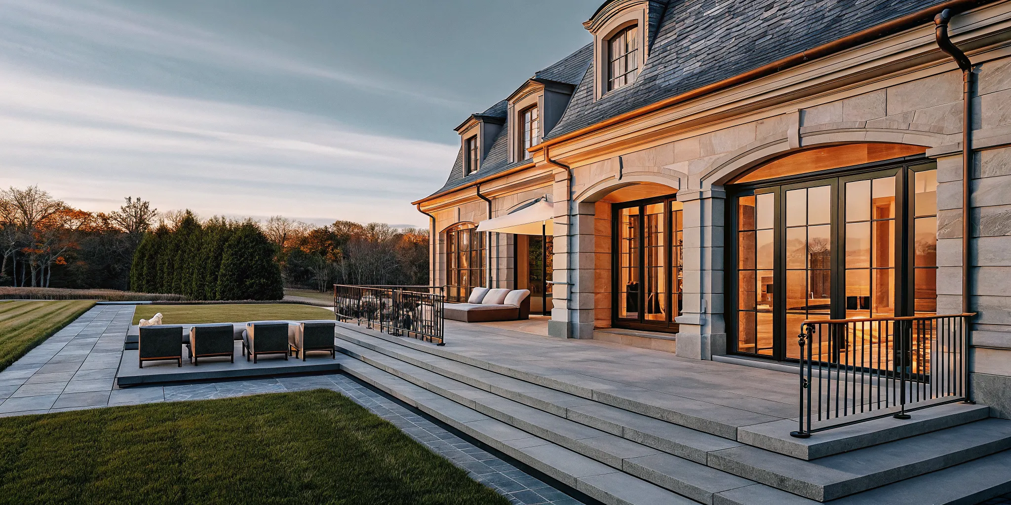 French Chateau-inspired private estate exterior at golden hour with manicured lawns and outdoor terrace