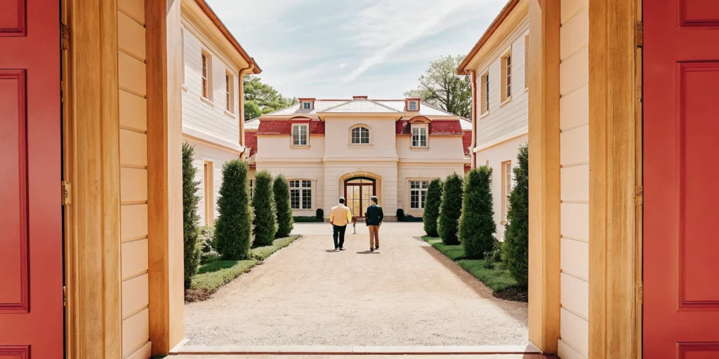 French chateau-inspired private estate exterior in Dedham Massachusetts with manicured grounds and tall trees