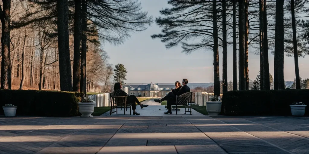 A leadership team in a relaxed strategy session on the grounds of a private estate near Boston