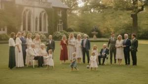 Elegant multi-generational family gathering on the manicured grounds of a private estate near Boston