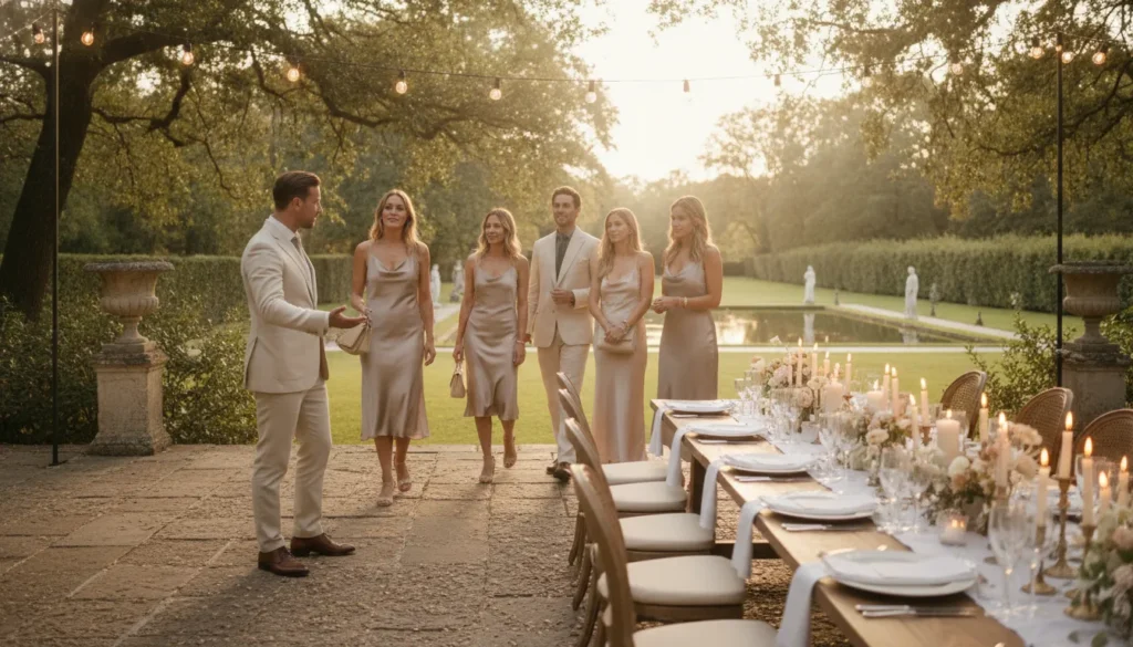 A concierge host guiding guests across a stone terrace at a private estate event during golden hour
