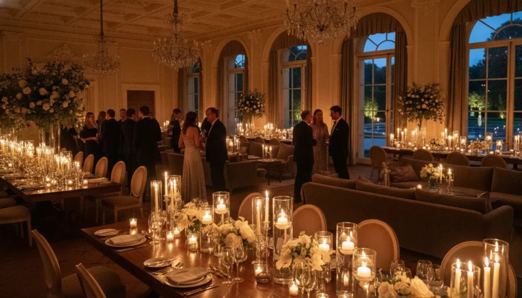 Candlelit reception in the grand ballroom of a private luxury estate near Boston