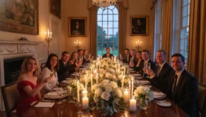 An elegant candlelit dinner set inside a grand private estate for a milestone birthday celebration