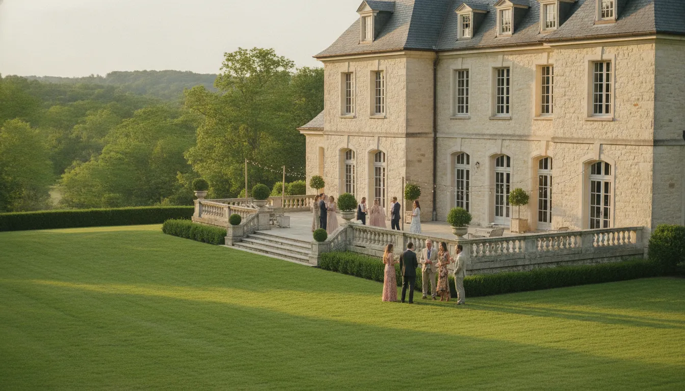 Stone French-chateau-inspired estate with a manicured lawn and terrace set for a luxury celebration