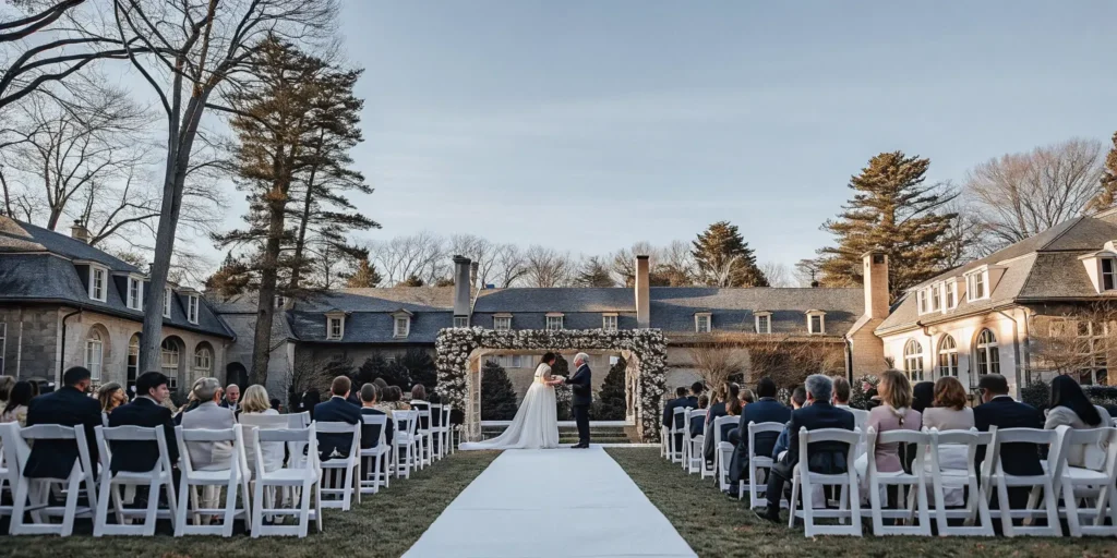 Elegant outdoor wedding ceremony on the manicured lawn of a private estate in Massachusetts