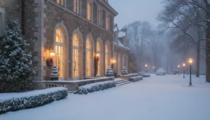 Snow-dusted private estate glowing warmly for a holiday gathering near Boston