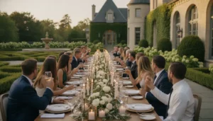 Private rehearsal dinner venue in Massachusetts with an elegant estate table opening to a terrace