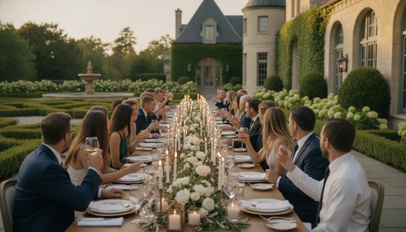 Private rehearsal dinner venue in Massachusetts with an elegant estate table opening to a terrace