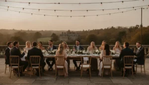 Elegant outdoor wedding dinner on a private estate terrace at golden hour