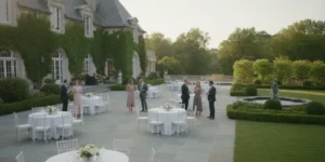A private estate garden and terrace arranged for an intimate wedding gathering