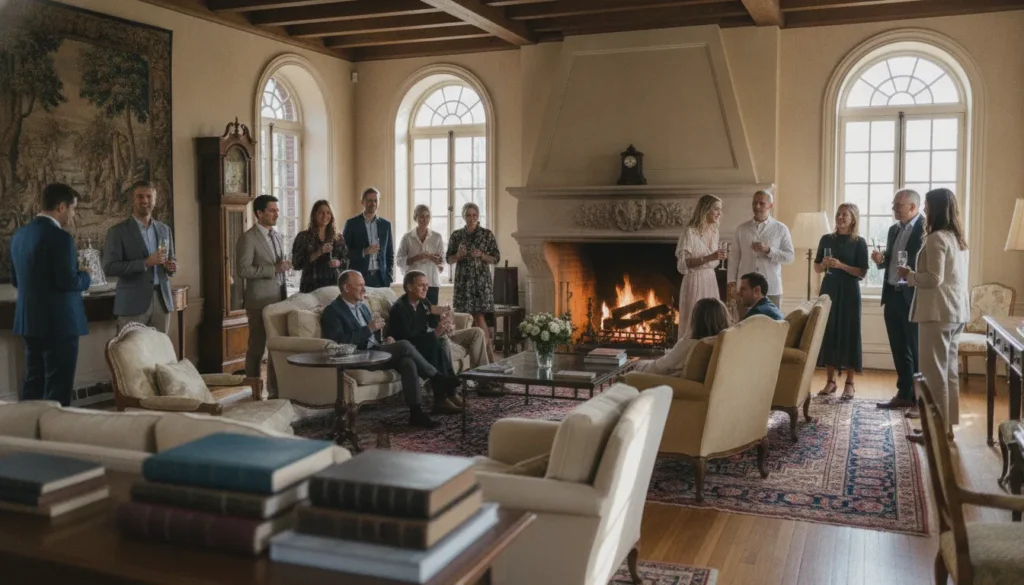 Wedding party sharing a quiet moment in a refined, sunlit private estate interior