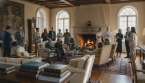 Wedding party sharing a quiet moment in a refined, sunlit private estate interior