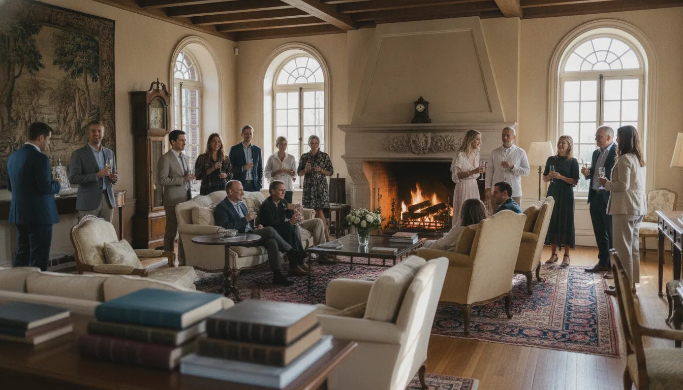 Wedding party sharing a quiet moment in a refined, sunlit private estate interior