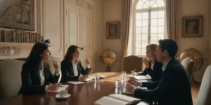 Leadership team reviewing a retreat agenda in an elegant private estate setting