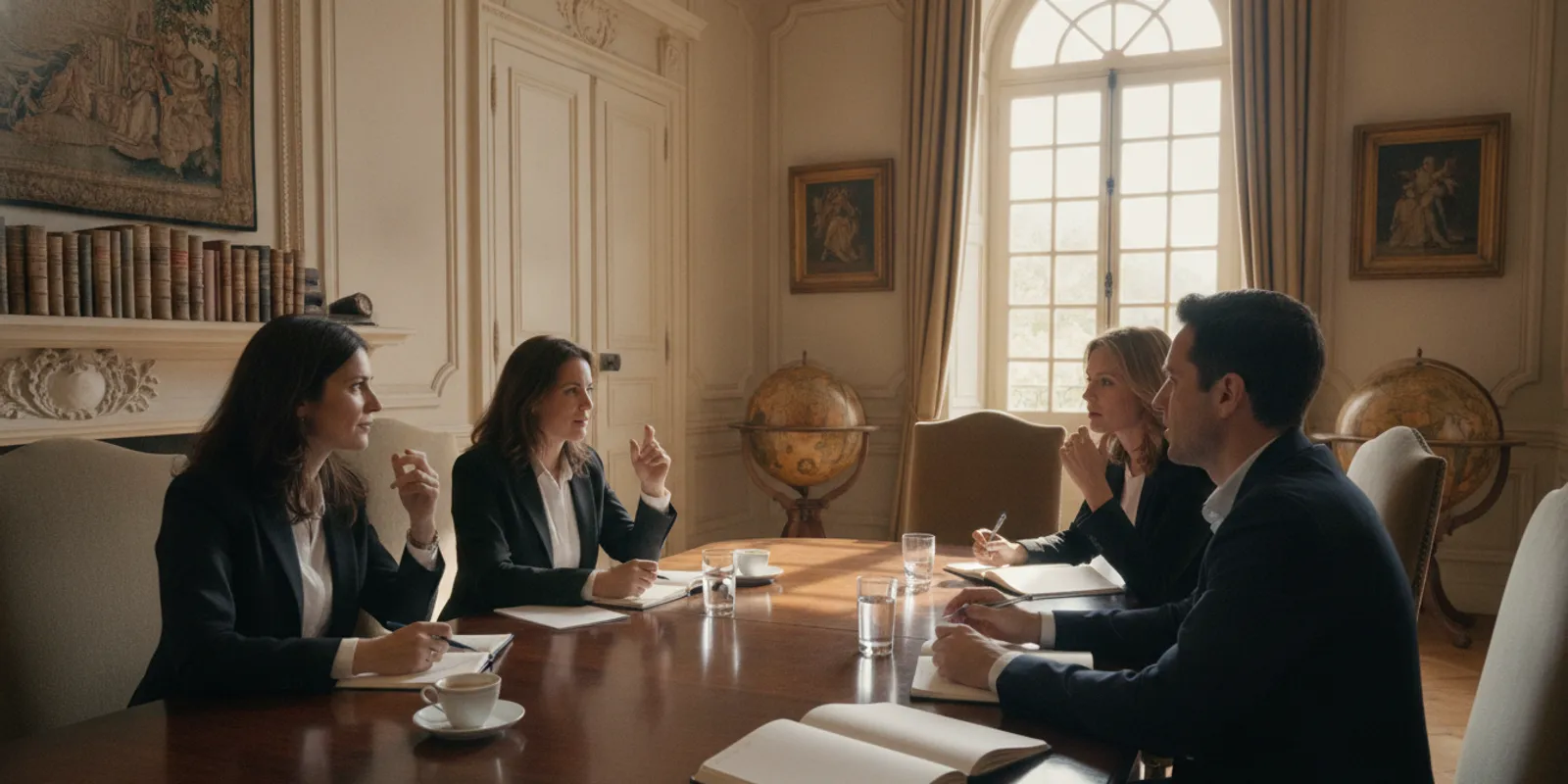 Leadership team reviewing a retreat agenda in an elegant private estate setting