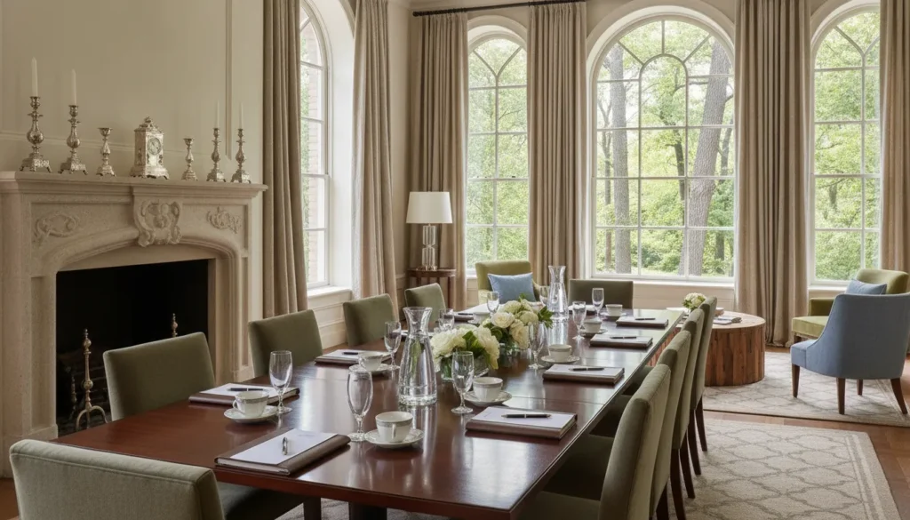 Private French Chateau-inspired estate prepared for a corporate retreat near Boston