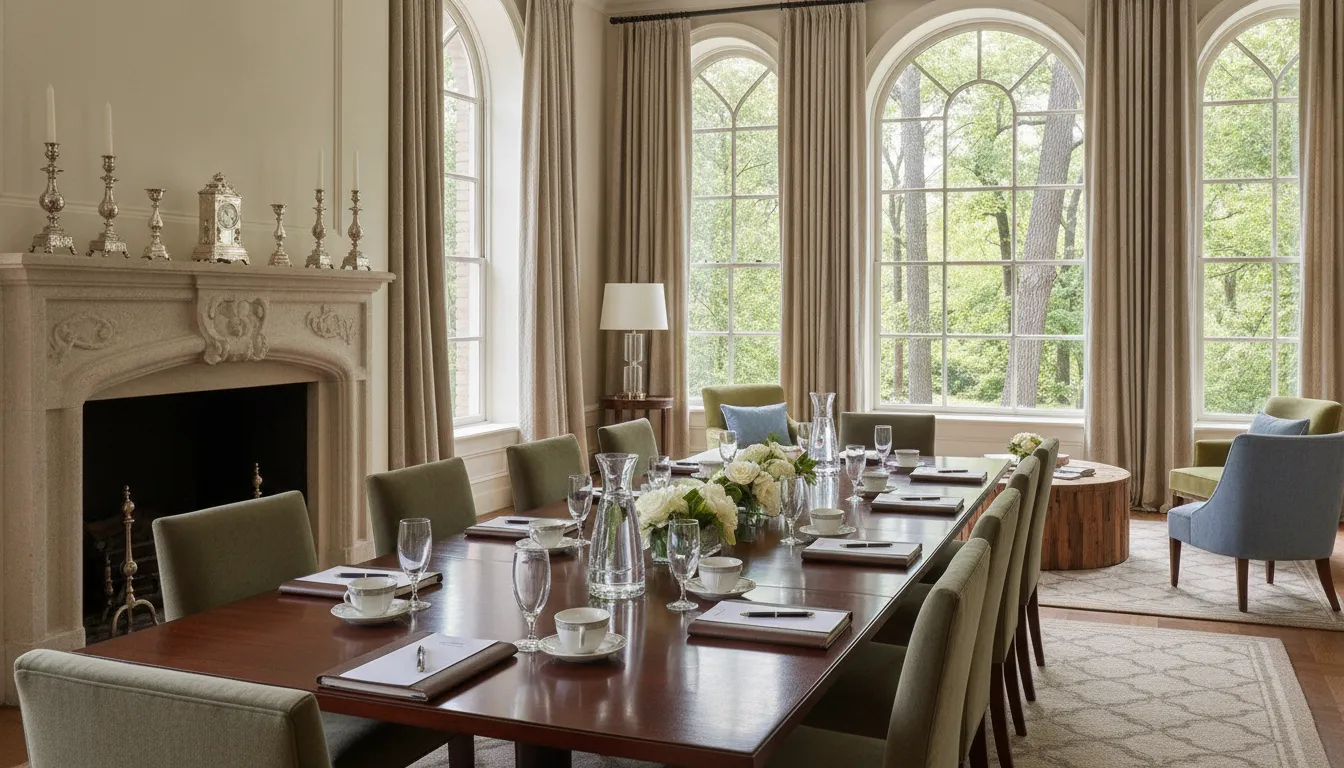 Private French Chateau-inspired estate prepared for a corporate retreat near Boston