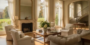 Sunlit French chateau-inspired interior with elegant furnishings and a view toward landscaped grounds