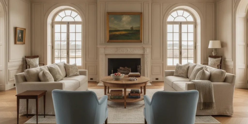 A softly lit French Chateau-inspired estate interior arranged for a relaxed group gathering