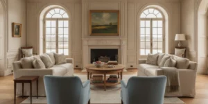 A softly lit French Chateau-inspired estate interior arranged for a relaxed group gathering