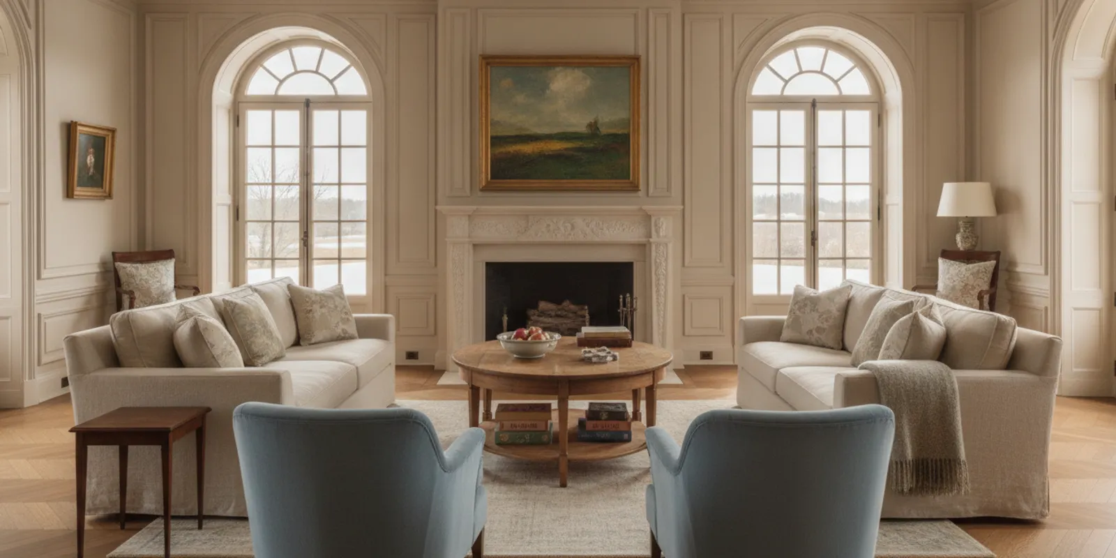 A softly lit French Chateau-inspired estate interior arranged for a relaxed group gathering