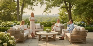 Guests sharing an unhurried moment on a landscaped estate terrace
