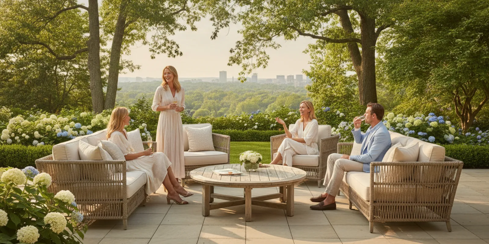 Guests sharing an unhurried moment on a landscaped estate terrace