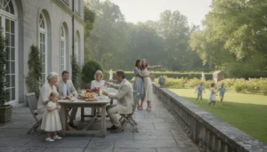 A multi-generational family gathers on the stone terrace of a wooded New England estate