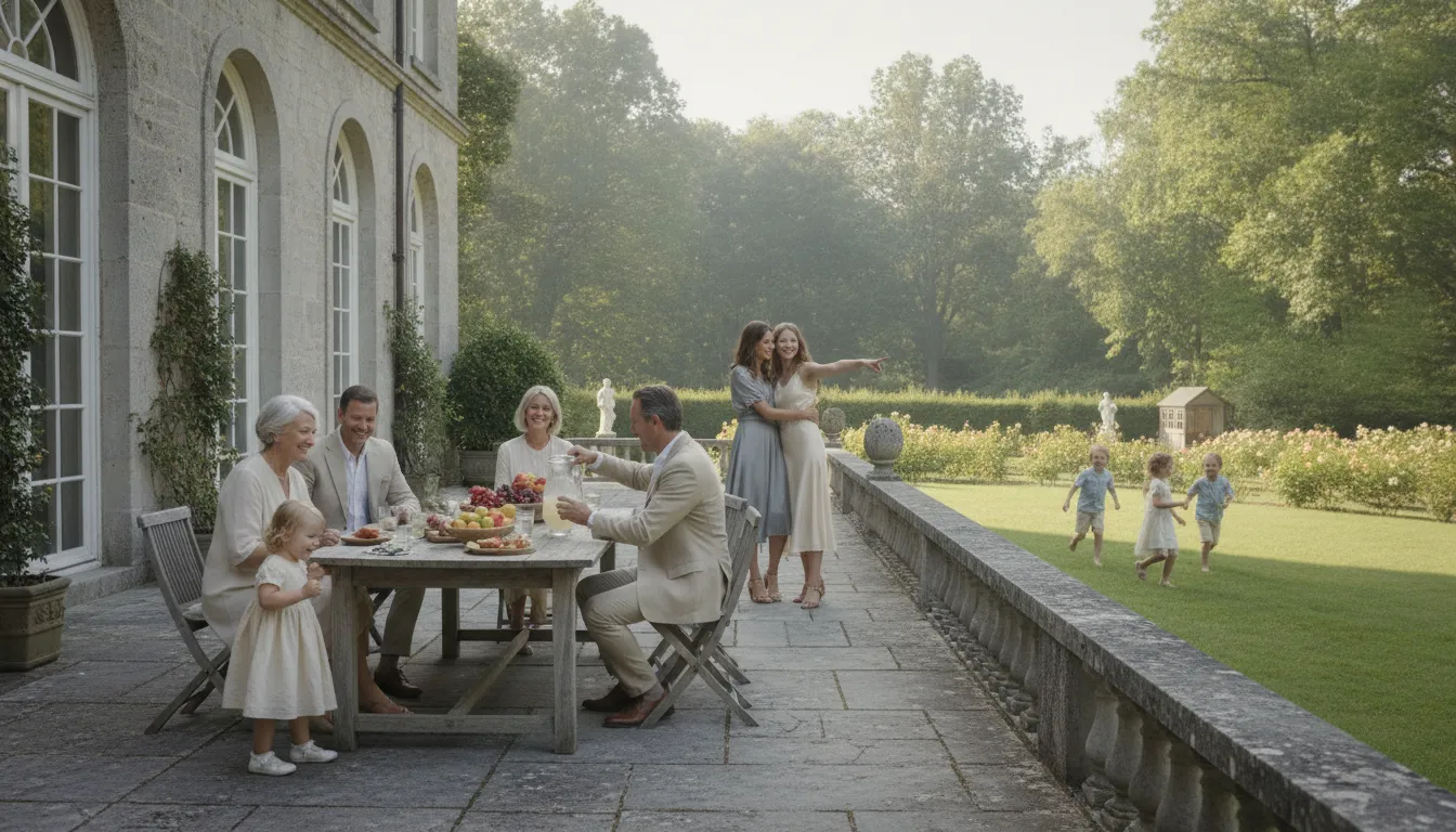 A multi-generational family gathers on the stone terrace of a wooded New England estate